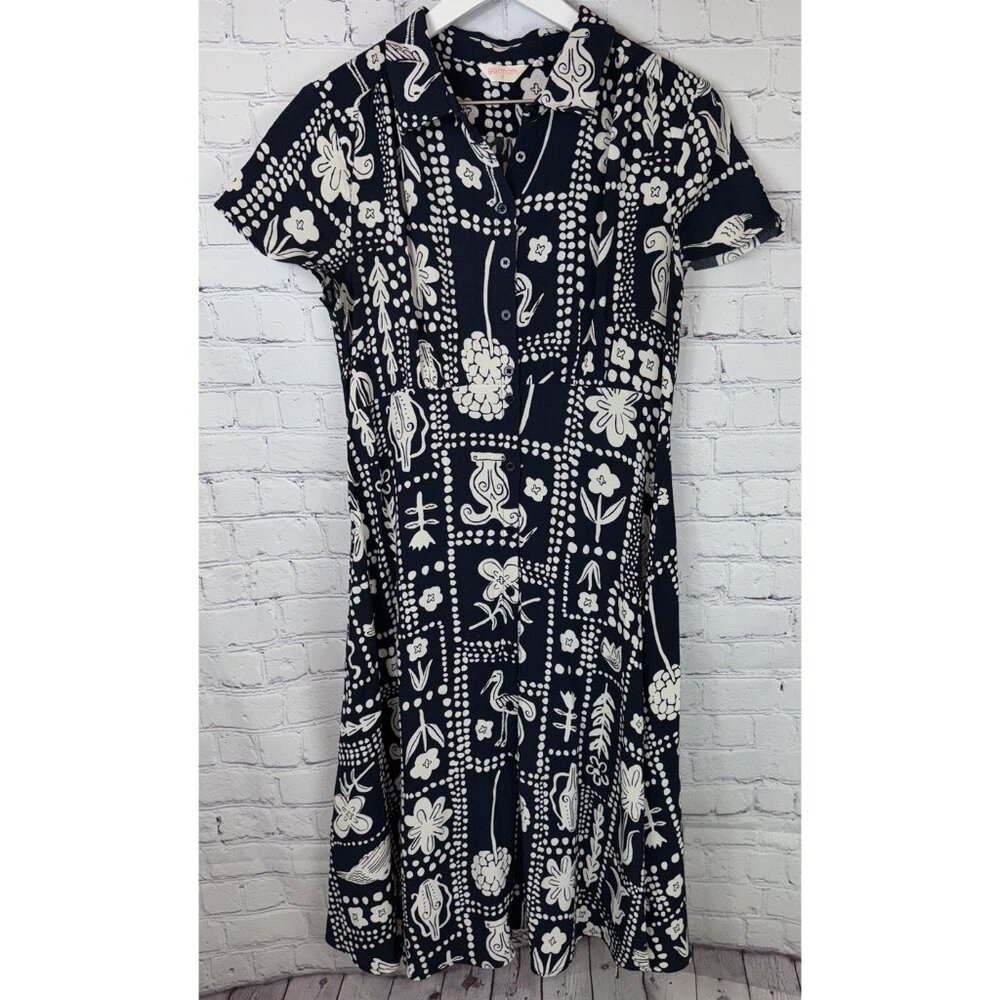 GORMAN Women’s Size 12 Navy Blue Cream Shirt Dress Midi Short Sleeve A Line